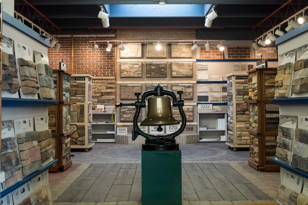 Concrete Products wide showroom with liberty bell and lots of samples and displays.