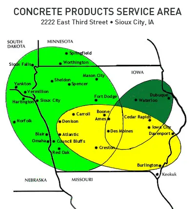 Concrete Products map showing service area in Iowa, South Dakota, and Minnesota.